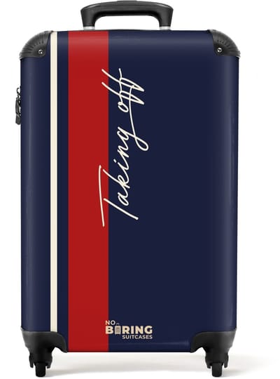 NoBoringSuitcases.com® - Handbagage koffer lichtgewicht - Reiskoffer trolley - Donkerblauw met rode streep en tekst Taking Off - Vakantie rolkoffer met wieltjes - Carryon suitcase - Flightcase - Cabin koffertje - Past binnen 55x40x20 en 55x35x25