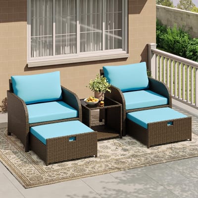 Tuinbank met Tafel - 2-Zits Ligbed met Kussen - 5-delige Poly Rattan Tuinset - Incl. 2 Stoelen met Kussens, 2 Voetenbankjes en Tafel - Weerbestendige Loungeset voor Tuin, Terras en Balkon - Blauw