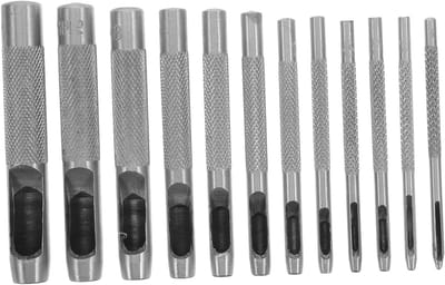 Leer Ponsset - Gatenmaker - Riemen Tassen Maken - Verwisselbare Koppen - 12 Stuks - Zilver
