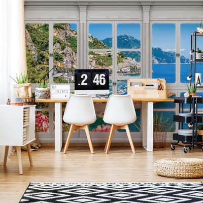 Fotobehang - Vlies Behang - 3D Uitzicht op het Pittoreske Stadje aan Zee door het Raam - 416 x 290 cm
