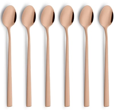 Dailygoods- Longdrinklepel 6-delig - PVD Koper - Roestvrij Staal - Vaatwasmachinebestendig - Slank Design - Ideaal voor Latte Macchiato/Cocktails - Koffielepel