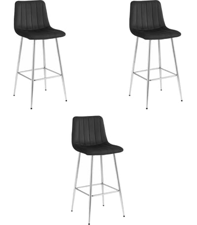 Set van 3 Barkrukken POZZA - Zwart Fluweel - Zilveren Metalen Poten - Moderne Barkruk met Rugleuning