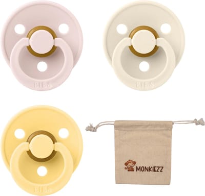 BIBS Fopspenen - Maat 2 6-18 maanden - Latex – Petal, Ivory, Pale Butter + Monkiezz speenzakje