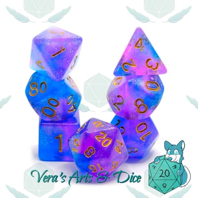 Polyset Dice | Polydice | Paars Blauw Glitters Transparant en Goud | Dobbelstenen Set Van 7 Stuks| Voor D&D en Andere Rollenspellen | Plastic Dobbelstenen Set voor Dungeons and Dragons | Polyhedral Dice | DnD / D&D / Dungeons and Dragons | Dice Bag
