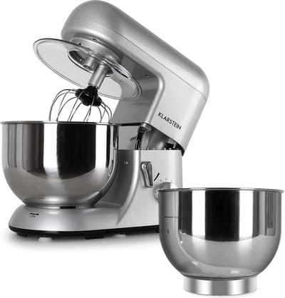 Klarstein Bella Argentea - keukenmachine, mixer, 5,2 l, mengkom, deegkneder met 1300 W, 6 snelheidsstanden, roestvrijstalen kom, keukenmachine + extra kom, zilver