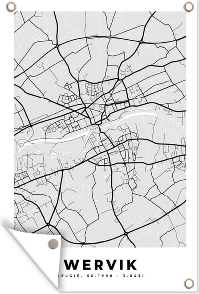 Muurdecoratie België – Wervik – Stadskaart – Kaart – Zwart Wit – Plattegrond - 120x180 cm - Tuinposter - Tuindoek