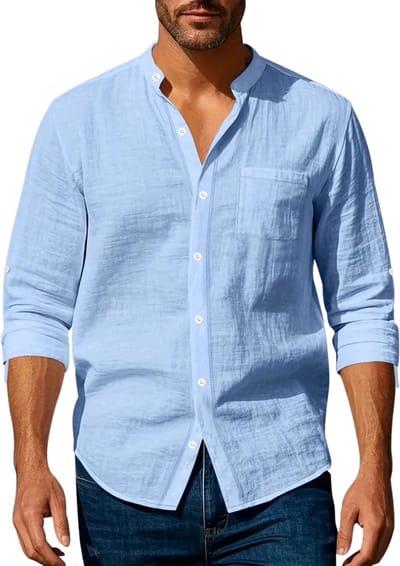 Livano Linnen Blouse Heren - t shirt - Polo - Overhemd - Shirt - Zomer - Ibiza Stijl - Lichtblauw - Maat S