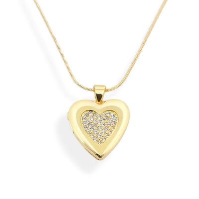 Stalen goudkleurige damescollier - gold plated hanger hart met strass - medaillon - locket - voor foto of haarlok