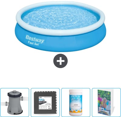 Bestway Rond Opblaasbaar Fast Set Zwembad - 366 x 76 cm - Blauw - Inclusief Pomp Vloertegels - Chloor - Zwembadgids