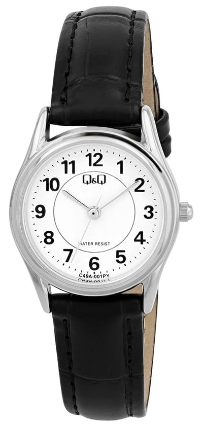 Q&Q C49A-001PY - Horloge - Polshorloge - Analoog - Dames - Vrouwen - Leren band - Rond - Metaal - Cijfers - Zwart - Zilverkleurig - Wit