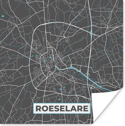 Poster Kaart – Plattegrond – Stadskaart – Roeselare – België - Grijs - 100x100 cm XXL