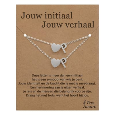 Letter P ketting + armband set op Cadeau Kaartje - Jouw initiaal, jouw verhaal - Zilverkleurig Stainless Steel - Initiaal & Hartje Hanger - Pax Amare