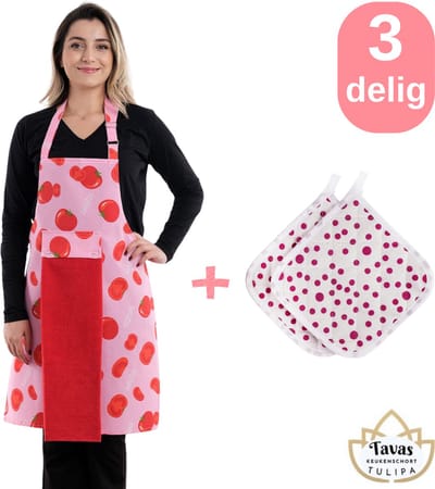 Tulipa Master Keukenschort 75 x 55 cm - met 1 Handdoek en 2 Pannenlappen met Paars Stippels - Tomaten - Professioneel Verstelbaar Kookschort - Horecakwaliteit - Keukenschort Dames - Kerstcadeau