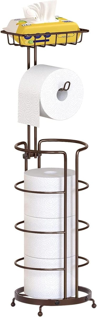 Vrijstaande Toiletpapierhouder van Metaal met Opbergruimte voor 5 Rollen en Plank - Geen Boren Nodig voor Badkamer Decoratie