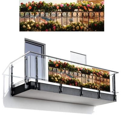 Balkonscherm 300x110 cm - Balkonposter Bloemen - Hek - Stadszicht - Zomer - Balkon scherm decoratie - Balkonschermen - Balkondoek zonnescherm