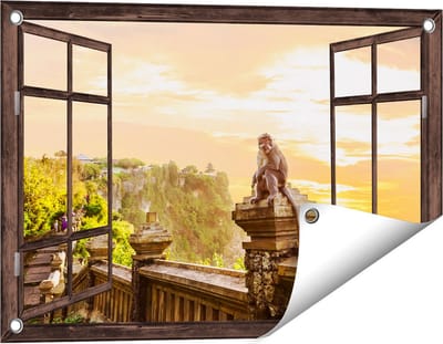 Gards Tuinposter Doorkijk Aap op de Uluwatu Tempel in Bali - 60x40 cm - Tuindoek - Tuindecoratie - Wanddecoratie buiten - Tuinschilderij