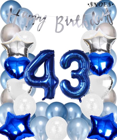 Snoes Ballonnen 43 Jaar Set Mega Blauw Zilver Ballon - Compleet Feestpakket Cijferballon 43 Jaar - Verjaardag Versiering Slinger Happy Birthday – Folieballon – Latex Ballonnen - Helium Ballonnen