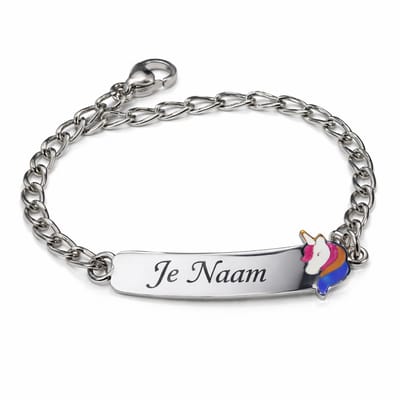 Armband met graveer, Armband met naam, Gepersonaliseerde kinderarmband met naamgravure en eenhoorn bedel - zilverkleurig, Armband met naamplaatje ,graveerarmband