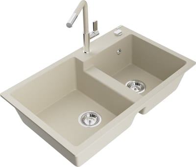 Mexen Tomas granieten gootsteen met 2 kamers en Flora keukenmengkraan, beige - 6516-69-670401-09