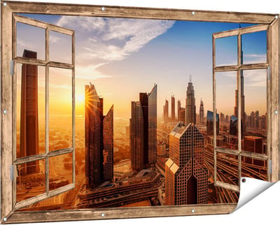 Gards Tuinposter Doorkijk Dubai Stad bij Zonsopgang - 150x100 cm - Tuindoek - Tuindecoratie - Wanddecoratie buiten - Tuinschilderij