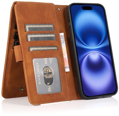 Mobiq - Zacht Leren geschikt voor iPhone 16 Wallet Hoesje - bruin