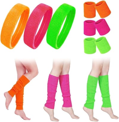 Retro sweatband set voor vrouwen, neon haarband, polsband en beenwarmers, perfect voor 80s en 90s kostuums, feestaccessoires en carnaval
