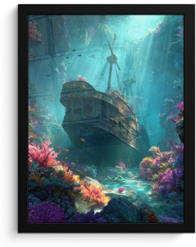 Poster in lijst - Fotolijst 30x40 cm - Posters - Schip - Hout - Koraalriffen - Zonlicht - Posterlijst zwart - Decoratie - Wanddecoratie woonkamer - Muurdecoratie slaapkamer