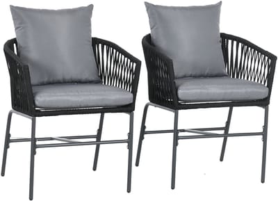 Wishdor - Set Van 2 Tuinstoelen - Met Kussens - Gebogen Zitschaal - Boho Stijl - Stalen Frame - Zwart - 57 X 60 X 71 Cm