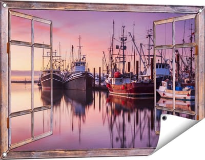 Gards Tuinposter Doorkijk Schepen in de Haven - Boten - 90x60 cm - Tuindoek - Tuindecoratie - Wanddecoratie buiten - Tuinschilderij