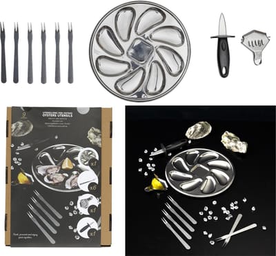 Oesterservies 9-delig - Complete Set met Oestermes, Citruspers, Serveerschaal & Vorkjes - Luxe Cadeauset - Zilver