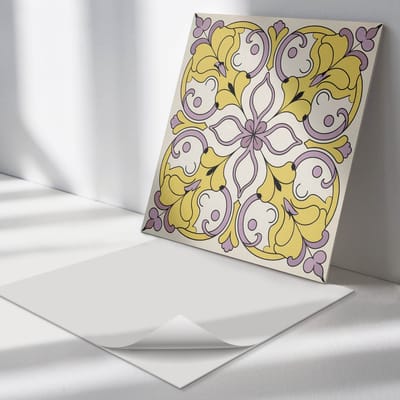 Wallfluent Vinyl Tegels - Bloemenornamentpatroon Zelfklevende PVC Tegels - 30 cm x 30 cm - Geel Vinyl Tegels - Set van 9 - Vierkant PVC Tegels - Patroon Plaktegels - Vinyl Vloer Tegels - Plaktegels Keuken en Badkamer