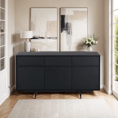 Dressoir 3-Deurs Zwart - Metaal/Fineer - 155x45x82cm - Dressoir Tokyo