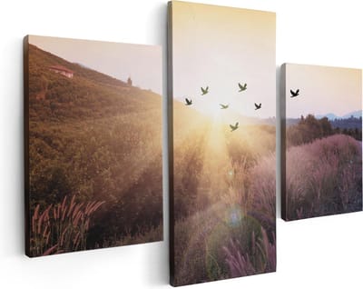 Artaza Canvas Schilderij Drieluik Silhouet Zwerm Vogels Bij Zonsondergang - 90x60 cm - Wanddecoratie Woonkamer - Schilderijen - Muurdecoratie