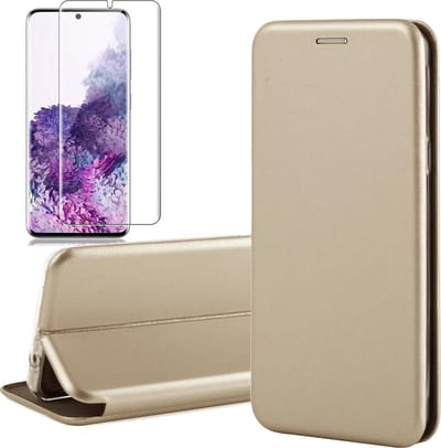 Hoesje geschikt voor Samsung Galaxy S20 - Screen Protector GlassGuard - Book Case Kunstleer ThinShield Goud & Screenprotector