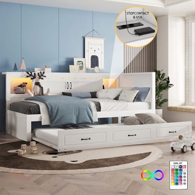 VVBV Uitschuifbare Slaapbank 90x200 cm met LED-Verlichting, USB & Stopcontact - Uitschuifbed - Wit - Zonder Matras