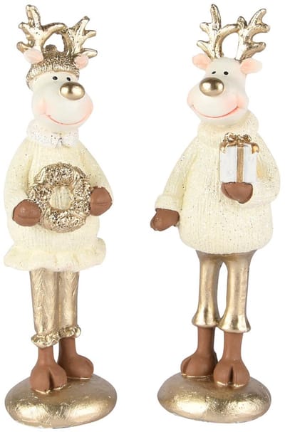 Dekoratief | Rendier staand m/krans/cadeautje, wit/goud, resina, 5x5x17cm, set van 2 stuks | A255416