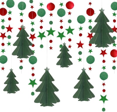Kerstdecoratieset met 2-delige 4 m lange rode en groene sterren slinger en 6 kerstboom hangers in 3 formaten voor een feestelijke sfeer