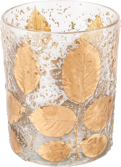 Dekoratief | Theelichthouder 'Golden Leaves', transparant, glas, 10x10x13cm | A238230