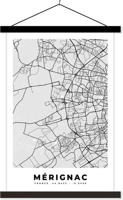 Posterhanger incl. Poster 40x60 cm - Schoolplaat - Kaart - Stadskaart - Mérignac - Plattegrond - Frankrijk - Textielposter - Zwarte latten - Stadskaart