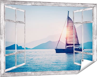Gards Tuinposter Doorkijk Zeilboot bij Zonsondergang - 120x80 cm - Tuindoek - Tuindecoratie - Wanddecoratie buiten - Tuinschilderij