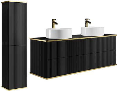 Vente-unique Gestreept zwevend badkamermeubel met dubbele ronde opzetwastafel en kolomkast - Zwart - 120 cm - KELIZA