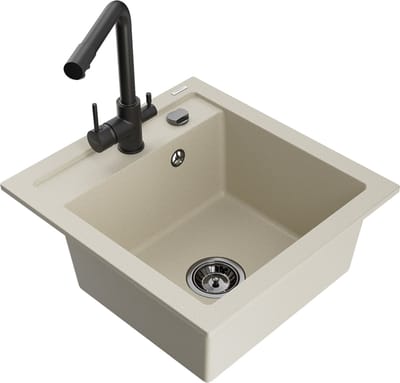 Mexen Vito granieten gootsteen 1-komor met keukenmengkraan Duero, beige - 6503-69-671600-70