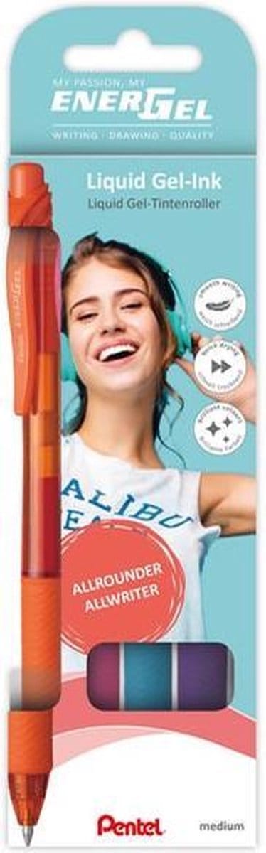 Pentel BL107 EnerGel gelpen, 0,4mm schrijfbreedte, assorti met 4 kleuren (oranje, roze, lichtblauw,violet)