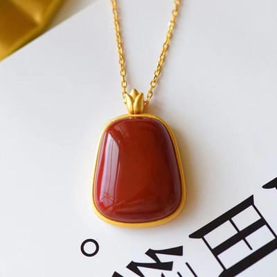 Oude Franse Gouden Ambacht Rechthoekige Zuid-Rode Toermalijn Ketting Dames Hanger Verfijnd En Elegant Sieraden brown