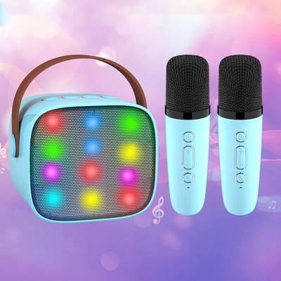 Karaokeset - Microfoonset - Draagbare Bluetooth-luidspreker - Hemelsblauw - Met 2 draadloze microfoons - Met stemveranderende effecten en LED-licht