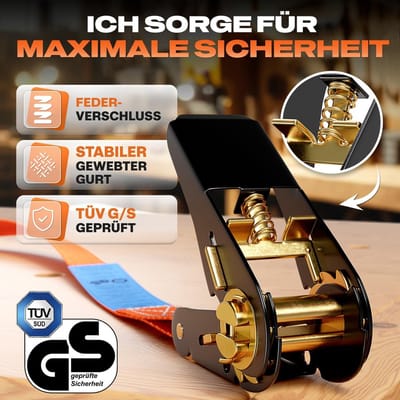 Candala spanbanden met ratel [+ 2 spanrubbers] - 1000 kg capaciteit - 6 m lang en 2,5 cm breed 4 stuks - gecertificeerde ratelriemen - stabiele en weerbestendige sjorbanden met ratel