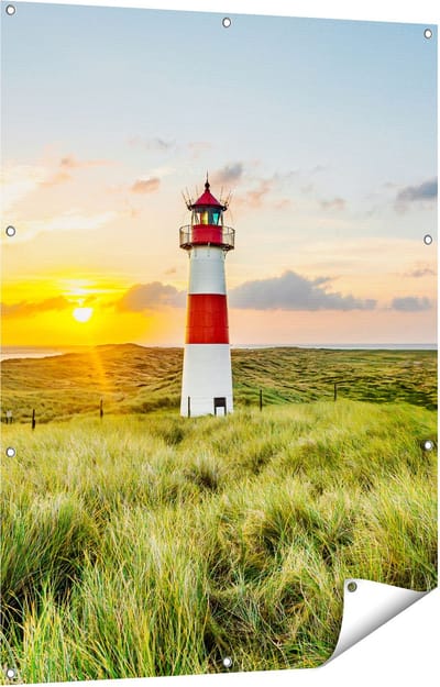 Gards Tuinposter Vuurtoren met Zonsopgang op een Eiland - 90x120 cm - Tuindoek - Tuindecoratie - Wanddecoratie buiten - Tuinschilderij