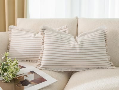 Set van 2 Lumbar Kussenslopen met Franje in Khaki en Strepen - Boho Farm Kussenhoezen voor Sofa, Bed en Woonkamer Decoratie, 30 x 50 cm