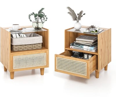 COSTWAY Nachtkastje van rotan, set van 2 stuks, bamboe met lade, bijzettafel met glazen tafelblad en open vak, banktafel, boho-nachtkastje, voor slaapkamer, woonkamer, 43 x 35 x 50 cm