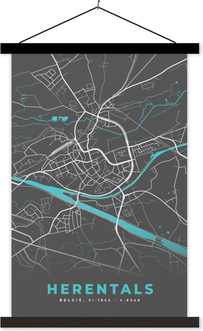 Posterhanger incl. Poster 40x60 cm - Schoolplaat - Stadskaart – Grijs - Kaart – Herentals – België – Plattegrond - Textielposter - Zwarte latten - Stadskaart